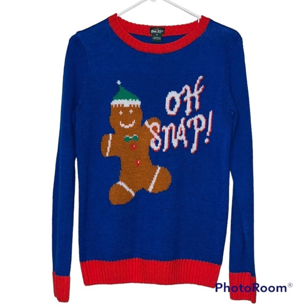 Dec 25th small junior sweater gingerbread man Oh Snap! Christmas holiday party